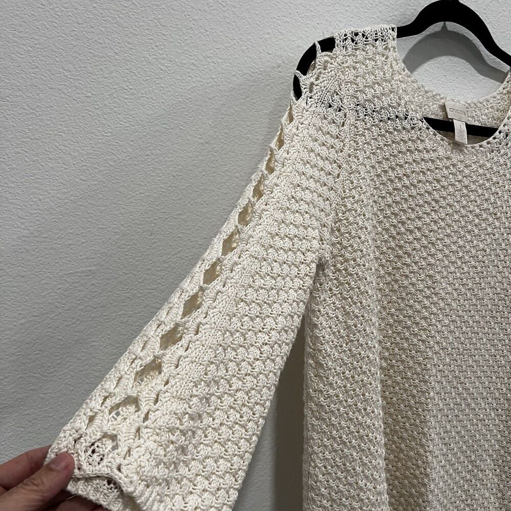 Chicos Womens Open Knit Cream Sweater Sz 1/M Cottagecore Modest Work School Fall - Picture 3 of 7